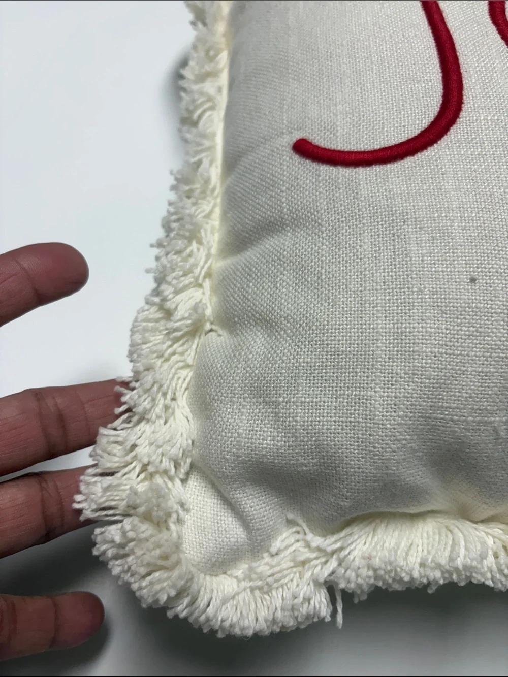JOY Embroidered Fringe Holiday Throw Pillow - Cream with Red